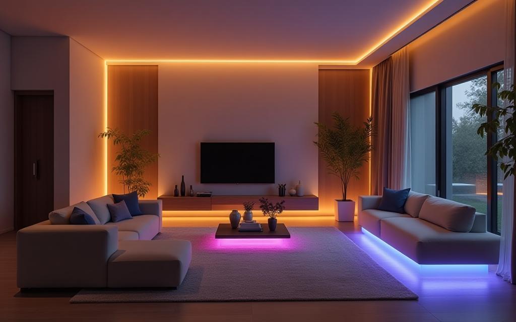 Modern living room illuminated by smart lighting.