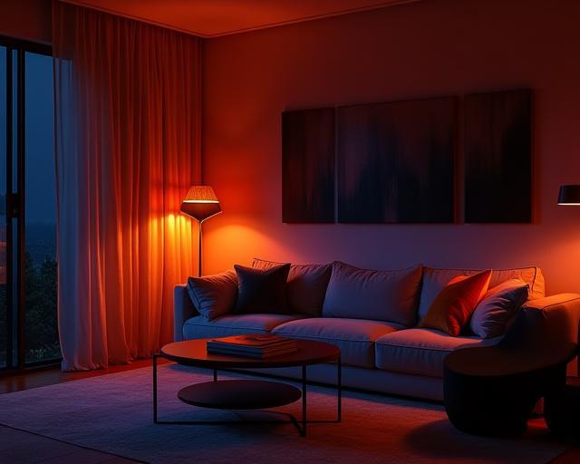 Luxury home living area with colour accent lighting.