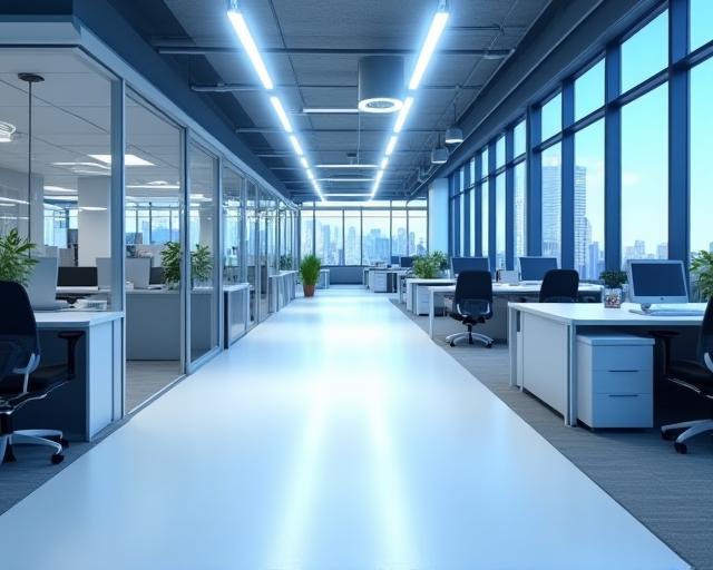Modern office floor after smart lighting retrofit.