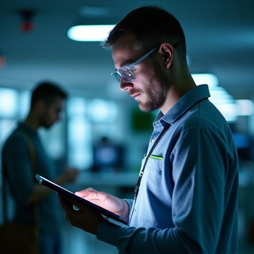 Technician performing lighting audit with tablet.