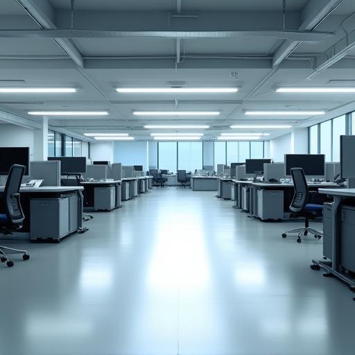 Office floor lit by energy-efficient LEDs.