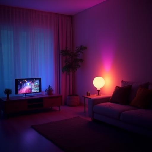 Living room with colour-changing smart bulbs.