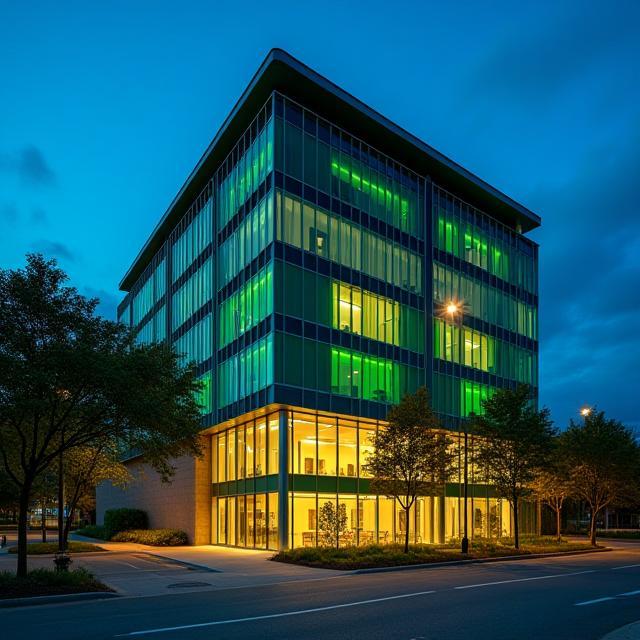 Green certified commercial building illuminated at dusk.