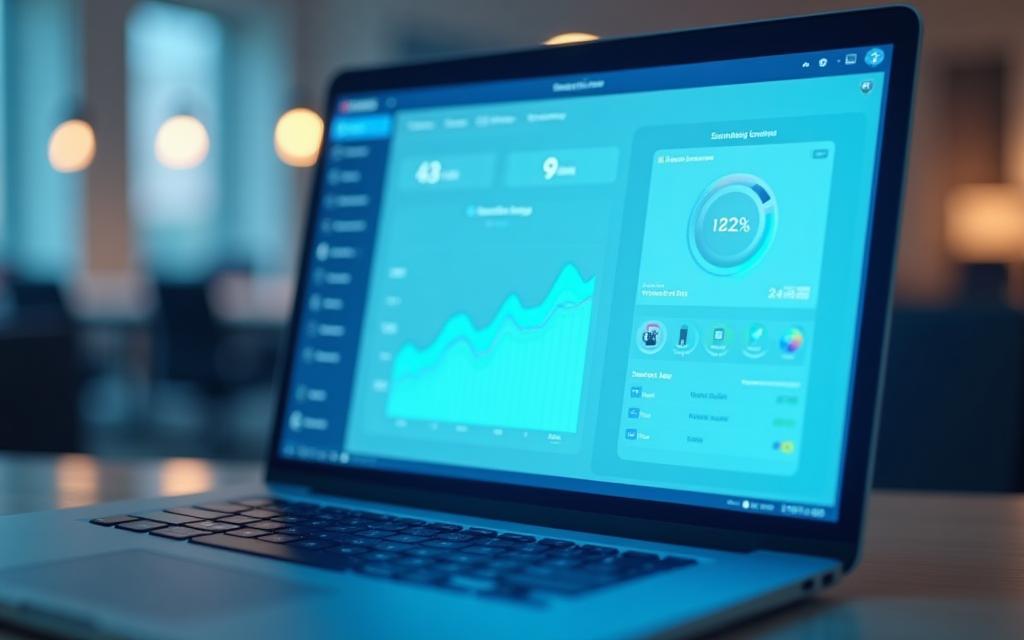 Smart lighting control dashboard on laptop.